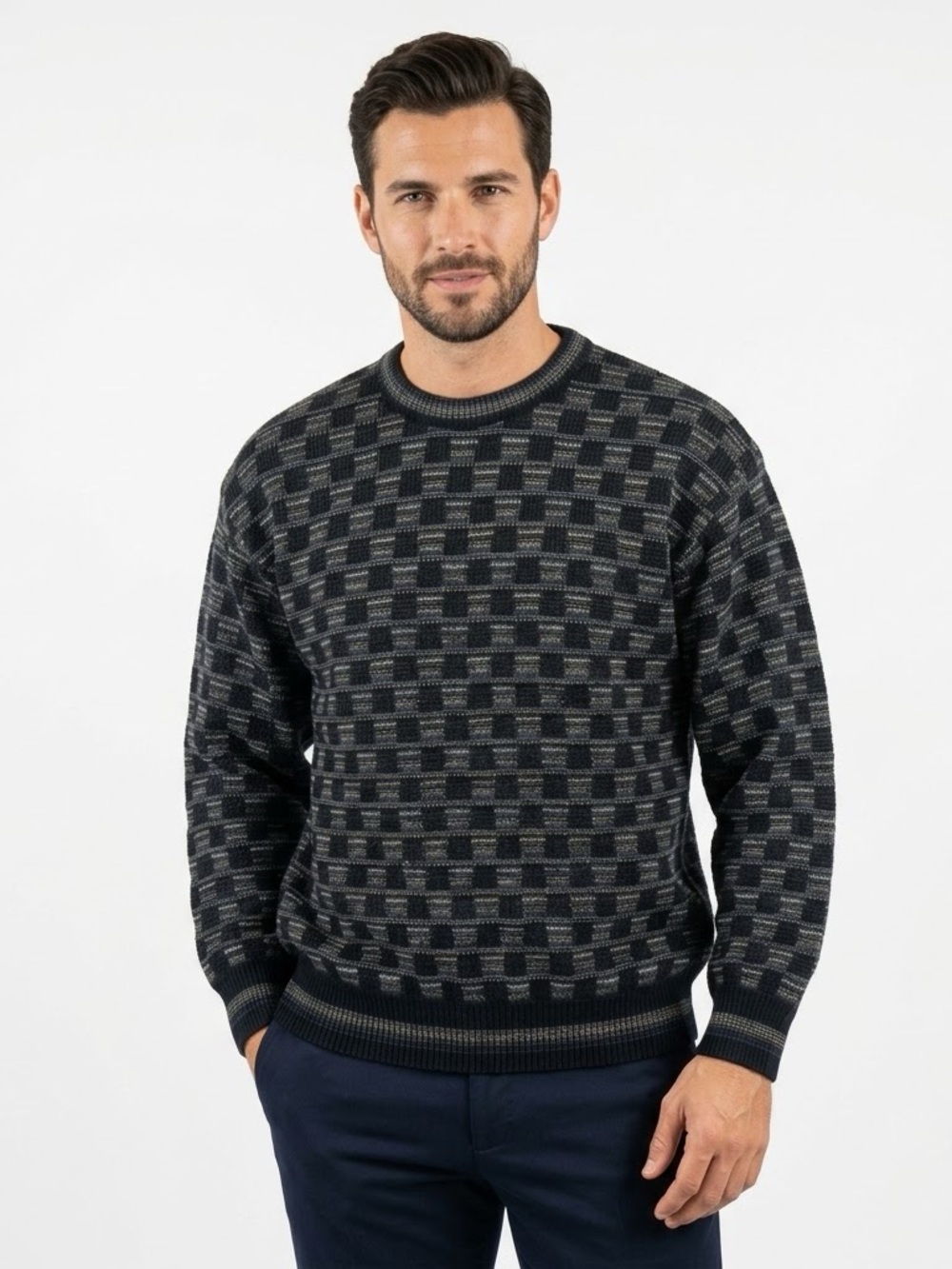 Pronto Uomo Mens Size L Black Checkerboard Textured Knit Crewneck Vintage